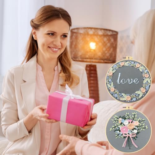 Miniatura 8 de Auauy 2 Sets Kit Bordado Principiantes, Amor Ramo Kit De Bordado Completo Para Adultos, Embroidery Kit Con Tela Y Bastidor, Punto De Cruz Kit Completo, Kit De Inicio De Bordado Para Entusiastas
