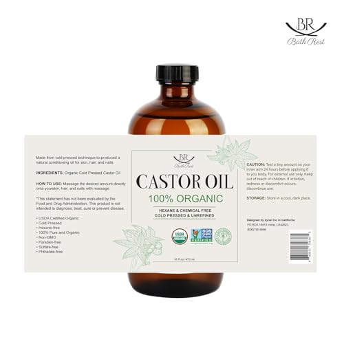Castor Oil Organic Cold Pressed Unrefined Glass Bottle 100% Pure for Hair Growth Eyelashes Brows Castor Oil Packs, Natural Skin Moisturizer, USDA Certified Hexane Free Vegan 16 oz (473ml)