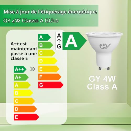 GY Ampoules LED GU10 Classe A 4W Equivalent 60W, 720LM 3000K Blanc Chaud, Angle de Lumière 110°, Ampoule GU10 Led Efficacité Energétique, Design pour protéger les yeux，Non-Dimmable, Lot de 12 – vue 3