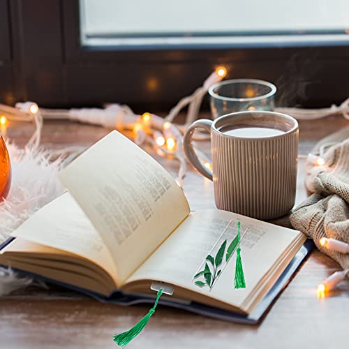 10 Pcs Bookmarks With Tassels Acrylic Bookmarks Resin Plant Bookmark With 10 Pieces Green Tassels Plant Reading Transparent Bookmark For Women Teacher Kids Book Lovers #TOP6