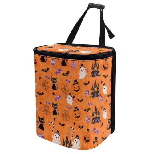 Image of Talayituse Cat Ghost Pumpkin Bat Print Car Trash Can with Lid, Leak Proof Auto Trash Bag Hanging Vehicle Garbage Can Multipurpose Storage Container for Back Seat Road Trip Halloween Decor