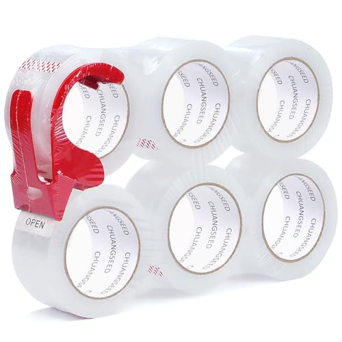 CHUANGSEED 6 Rollen,Clear packing tape with dispenser, 48mmx66m Packband Paketklebeband Transparent mit Plastik Abroller, Paketklebeband zum Verpacken von Paketen und Versandschachteln