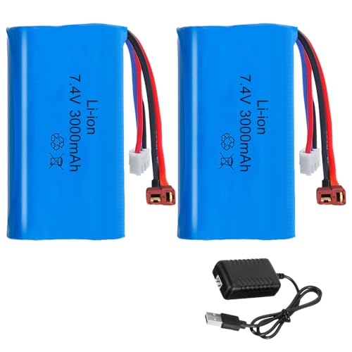 2 Piezas 3000mAh 7.4V Litio RC Batería, Recargables de Iones de Litio de 7,4 V con Deans T Plug, Cargadores, Li-Ion Batería para Vehículos RC, Tanques, Coches y Robots