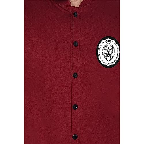 Image of Geum Men's Mandarin Collar Shirt with Graphic Print| Short Sleeve Cotton Blend Slim Fit Casual Shirt for Men
