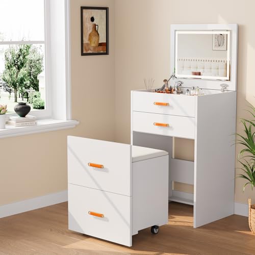 Trendyhom 3-in-1 Makeup Vanity Desk with LED Mirror & Lights, Adjustable 3 Light Modes, Rolling Chair & Storage, Pink Compact Dressing Table for Bedroom Small Spaces White (White)