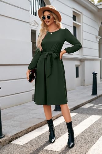 Image of Newshows Womens Long Sleeve Casual Dresses 2025 Business Work Teacher Fall Church Belted A Line Flowy Midi Dress