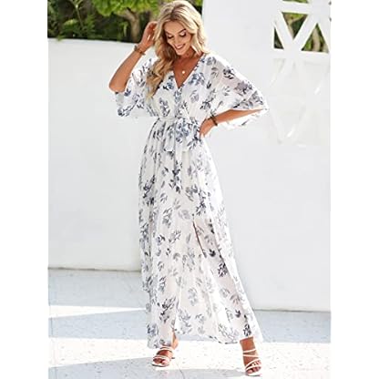 ANRABESS Women’s Summer Loose Boho Flowy Wrap V Neck 3/4 Sleeve Floral Print Slit Beach Wedding Guest Long Maxi Dresses - Image 4