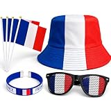 Kit Supporter France pour Grand Événement Football - Accessoires Football 6 Pièces incluant Chapeau de pêcheur Polyester, Lunettes Drapeau, 3 Pavillons à Main et Bracelet Tricolore pour Fan de Foot