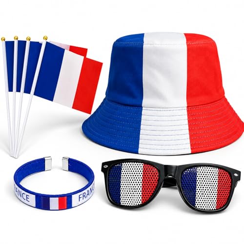 Kit Supporter France pour Grand Événement Football - Accessoires Football 6 Pièces incluant Chapeau de pêcheur Polyester, Lunettes Drapeau, 3 Pavillons à Main et Bracelet Tricolore pour Fan de Foot