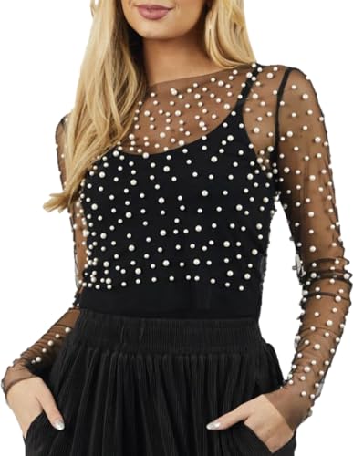 Women's Pearl Dress Cover ups Long Sleeve mesh Dress Sheer Dress Overlay Beaded Tops for Women Embellished Shirt