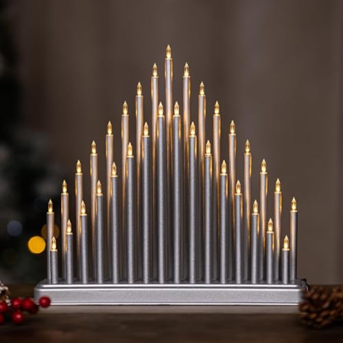 HomeZone Silver Christmas Candle Bridge - 33 Warm White LED Flameless Candles - Elegant Indoor Xmas Decoration Battery Operated - Christmas Window Lights for Traditional Festive Home Display