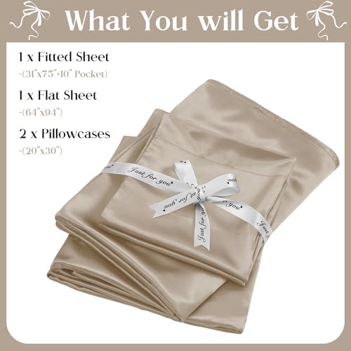 Image of SiinvdaBZX 4-Piece Cot Sheet Set 31 inch x 75 inch, Beige Satin Cot Size Sheets Silky Soft Rv Bunk Bed Sheets for Narrow Twin /Camp Bunk /Guest Beds /Army Cots /Trifold Mattress