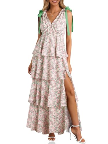 Wenrine Womens Summer Floral Maxi Dress Tie Strap Sleeveless V Neck High Slit Boho Ruffle Tiered Beach Dresses Pink