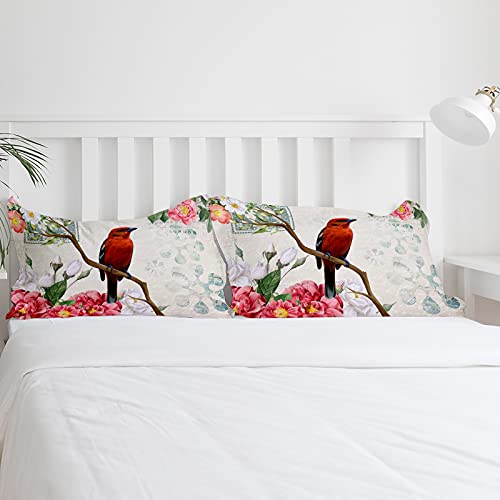 Partyshow 4 Piece Bed Sets Full, Vintage Red Bird Tree Branches Bedroom Comforters Cover Bed Sheet With 2 Pc Pillowcases For Girls/Boys/Bedroom, Retro Floral Letter Postage Stamp #TOP4