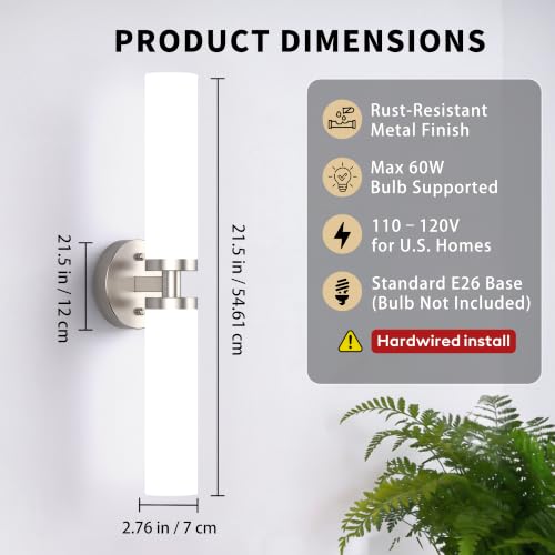 Image of Wall Sconces Set of 2, Hardwired Bathroom Light Fixtures, | Modern Vanity Wall Lighting with Milky White Glass Shade, Wall Sconce for Mirror Bedroom Hallway, E26 Base, Brushed Nickel
