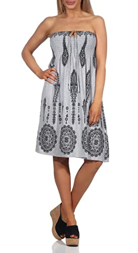 ZARMEXX Damen Sommerkleid Bandeau Neckholder Minikleid schulterfrei Muster Boho-Stil Casual Mini Strandkleider (grau, 34-40)