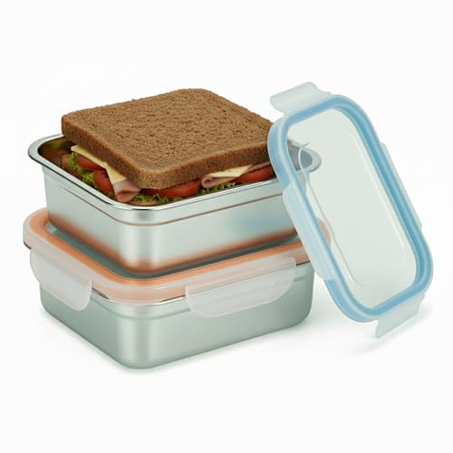SnapMate - Set of 2 Stainless Steel Sandwich Containers - Food Grade Metal Base, BPA Free Leakproof & Airtight Silicone Seal Lid. Great for Sandwiches, Snacks, Meal Prep & Food Storage - Blue/Orange