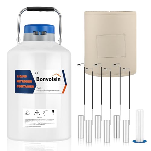 Bonvoisin 3L Liquid Nitrogen Container, LN2 Tank Cryogenic Dewar, Aluminum Alloy Semen Tank with 6 Canisters Carry Bag