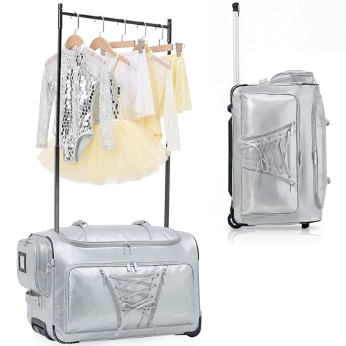 Fanwoli 23 Dance Bag with Garment Rack | Luminous Poise Collection | Waterproof Lustrous Satin Fabric | Competition Travel Duffel Luggage for Cheer Skating Gymnastics & Sleepover | Moonlight Silver