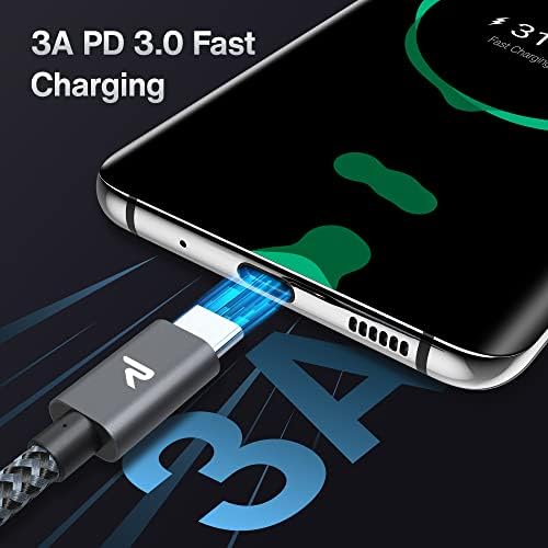 RAMPOW Kabel USB C na USB C, 60 W, QC 3.0, kabel do szybkiego ładowania USB C na USB C do Samsung Galaxy S21 Ultra, iPad Pro 2021, MacBook Air, Huawei p30 Pro, Xiaomi 9 i innych, szary, 2 m