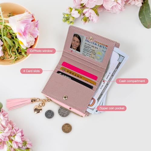 Image of KOTORA Womens Small Wallet Girls Tiny Slim Wallets Pretty Mini Card Holder Thin Short Zip Coin Purse with Love Pendant and Tassels (Pink)