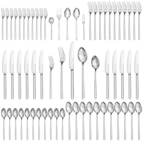 Image of KINGSTONE 65 Piece Silverware Set with Serving utensils, Flatware Set for 12, 18 /10 Stainless Steel Cutlery Set Mirror Polished Modern Design Dishwasher Safe