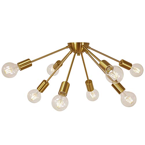 VINLUZ Modern Ceiling Lighting Brass 8 Lights Flush Mount Sputnik Chandelier Mid Century Pendant Chandeliers for Dining Room Bedroom Kitchen Living Room Hallway