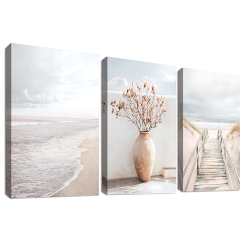 3 Pcs Camino a la Playa Marco de Madera Cuadro Moderno Paisaje Marino Beige Lienzo Decorativos Pintura Imagen Paisaje Costero Cuadros Decoracion Salon Dormitorios Comedor Baño Pasillo 30cmx40cmx3