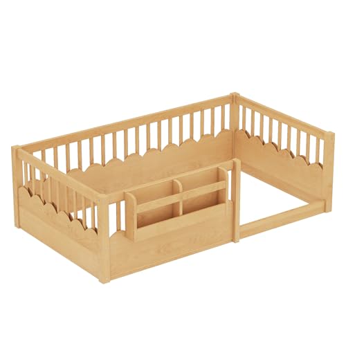 Image of Bellemave Twin Size Kids Montessori Floor Bed,Solid Wood Floor Bed Frame with Bookshelf and High Fence for Kids,Girls,Boys,Natural
