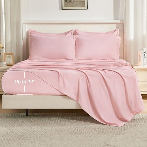 Image of Andency Full Size Comforter Set Light Pink -7 Pieces Boho Tassel Bed in a Bag Soft Lightweight Bedding Sets, Fringe All Season Bed Set with Comforter, Sheets, Pillowcases & Shams