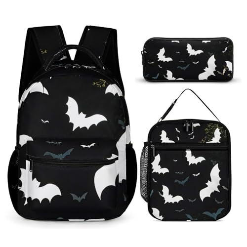 White Bats Backpack Set 3 Piece, Durable Backpack Insulated Lunch Bag Portable Pencil Case for Men Women