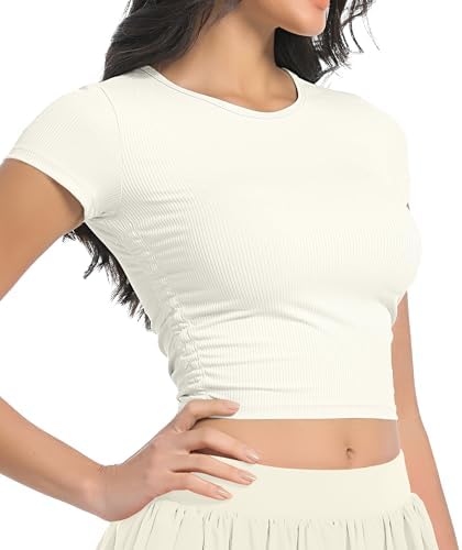 YOAKUKA Ribbed Workout Tops for Women Round Neck Ruched Side Slim Fit Short Sleeve Yoga Gym Breathable Athletic Shirts