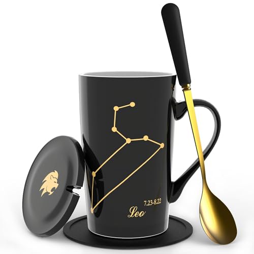 FULLCCI Birthday Gifts for Women 15oz Ceramic Coffee Mug with Lid Spoon Coaster Astrology Mugs Upgrade Porcelain Tea Cup Cute Mugs (Leo Black-Gold)
