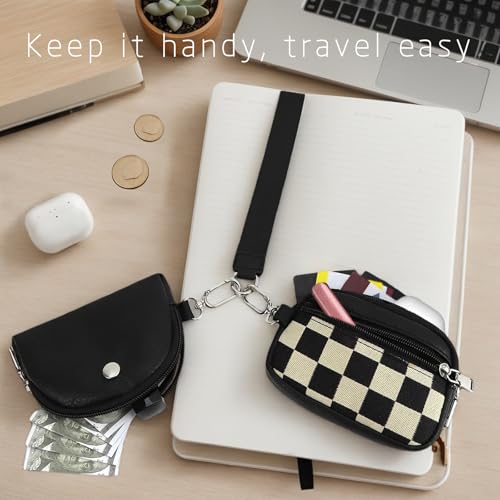 Image of Checkered Dual Pouch Keychain Wallet for Women,Small Mini Zip Leather Coin Purse with Wrist Strap,wristlet hangbags,Black