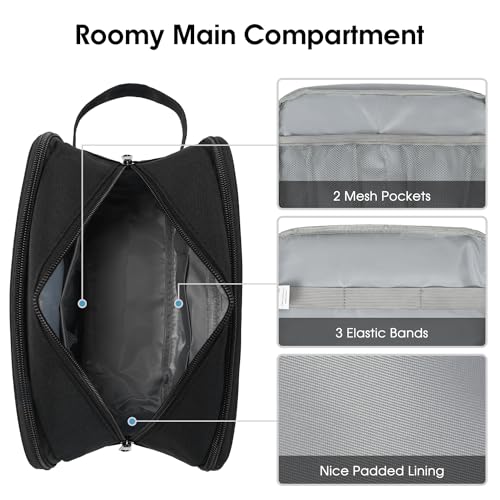 Narwey Travel Toiletry Bag with Brush Compartments for Men and Women, Traveling Dopp Kit, Shaving Bag, Portable Cosmetic Bag, Make up bag with Brush Storage for Women (Black)