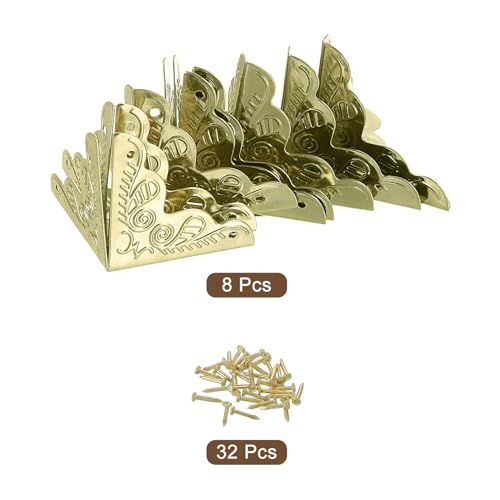 Image of uxcell 8 Pcs Metal Box Corner Protectors 1 inchx1 inch Corner Protectors Decorative with Mounting Screws for Storage Box Cabinets Wooden Chest, Gold Tone