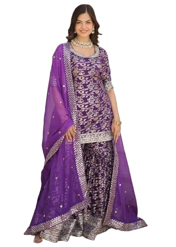 FASHION BAZAR 365 Indian Women's Viscose Jacquerd Sequins & Zari Embroidered Work Suit 13164 (Purple1, 38)
