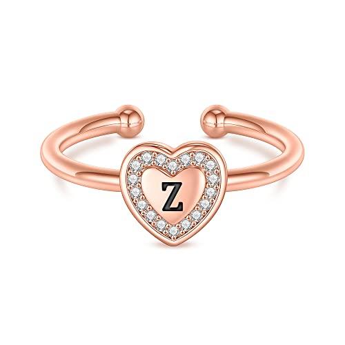 Valentines Day Gift Initial Rings for Teen Girls - Rose Gold Plated Ring for Teen Girls Kids Ring for Girls Gifts | Heart Sterling Silver Z Little Girl Rings Child Gifts Jewelry for Teens Adjustable, No Tarnish, Hypoallergenic