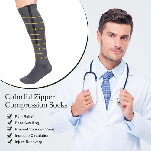 Image of Tarpop 4 Pairs Men Zipper Compression Socks Colorful 20-30mmhg Compression Stockings with Zipper for Men Women Swelling Edema