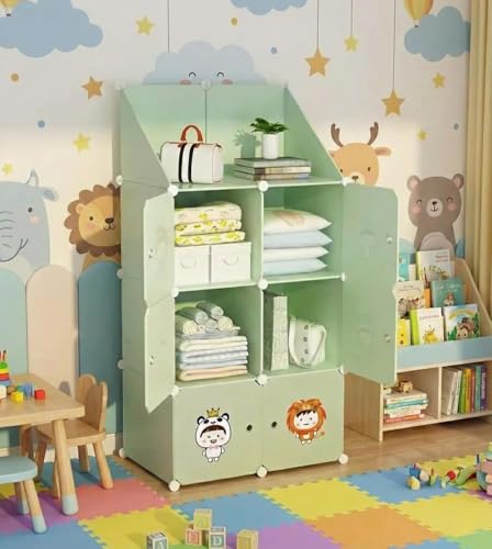Image of 8-Door Kids Plastic Wardrobe for Clothes | Baby Almirah Plastic Cupboard for Storage | Collapsible Foldable Kids Cupboard Organizer with Shelves for Toys & Clothing (Green, 6+2-Cube)