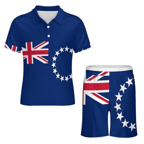 Men’s Polo Shirt and Shorts Set, Short Sleeve Casual Sportswear Outfit for Vacations, Picnics or Casual Gatherings Novelty Cook Islands Flag Printing Men's Short Outfits