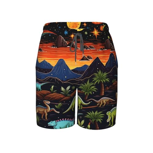 Boys Beach Board Shorts Swim Trunks Teen Kids Quick Dry Bathing Suits, Dinosaurs Dragons Dino Landscape Primitives