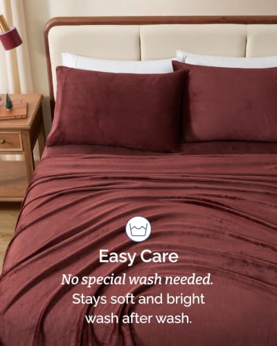 Image of Fleece Sheets King Size Set - 4-Piece Velvet Flannel Sheet Set - Burgundy