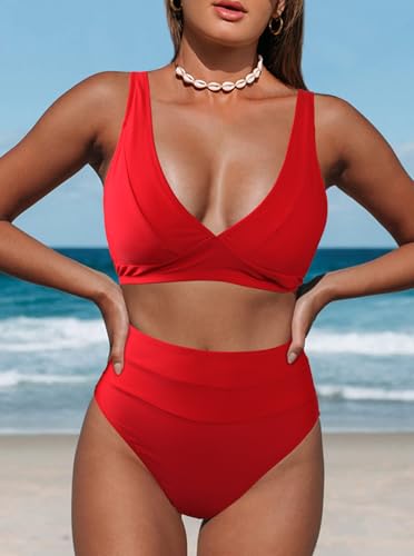 Hilinker Women's Leopard V-Neck High-Waisted Bikini Swimsuit
