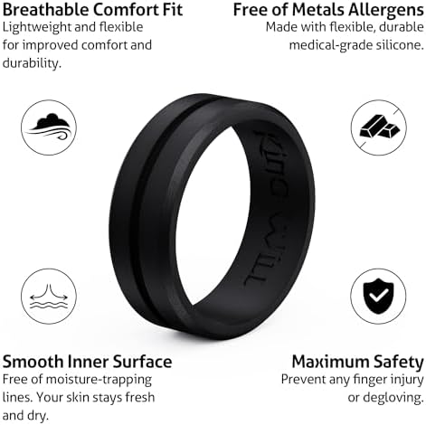 King Will Fede nuziale da uomo in silicone, design con cuori interni, in gomma traspirante, larghezza 8 mm, spessore 2,2 mm, anello di fidanzamento in silicone, grigio giallo, N 1/2(54.43mm