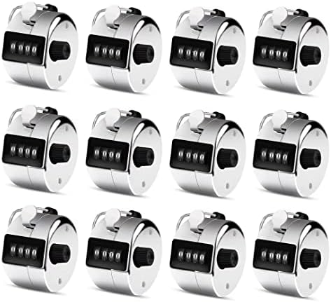 12 Pack Metal Hand Tally Counter 4-Digit Lap Counter Clicker, Manual Mechanical Handheld Pitch Click Counter with Finger Ring for School Golf & Knitting Row Croche, Silver
