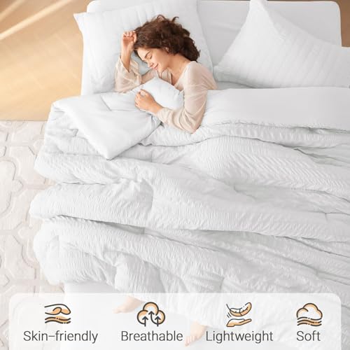 Image of MUXHOMO 7 Pieces King Comforter Set, Seersucker Bed in a Bag King Size, All Season Luxury Bedding Set with Comforter, Flat Sheet, Fitted Sheet, Pillowcases & Shams, White