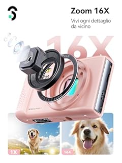 SOOMFON Fotocamera digitale 72MP, macchina fotografica digitale compatta con zoom 16X, schermo 2,8", 32GB, 2 batterie – Macchinetta fotografica vintage per bambini e principianti (Rosa)