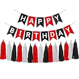 Runhiskii Black Red Happy Birthday Banner, Black White Red Tissue Paper Tassels Garland, Happy Birthday Decorations for Men Women Boys Girls