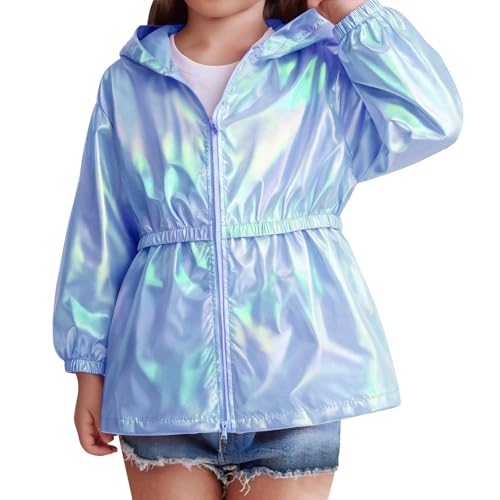 Image of Kids Glitter Waterproof Jacket Toddler Girls Sparkly Leather Jackets Lightweight Windproof Rain Coat Zipper Hooded Long Sleeve Windbreaker Elastic Waist Casual Outwear (Blue, 6-7 Years)